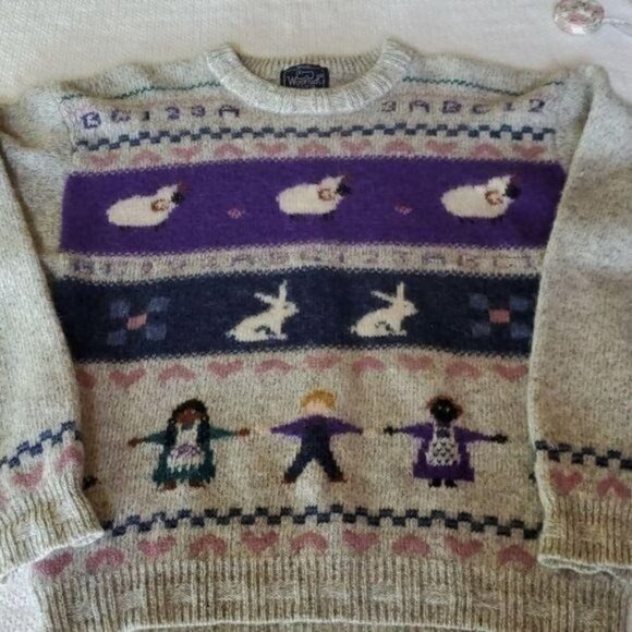 Woolrich Wool Knitted Graphics  Lambs, Bunnies & People LS Sz XL Sweater - Picture 6 of 8